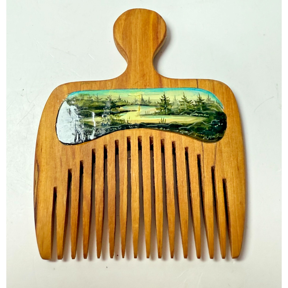 Vintage Russian Lacquered Hand Painted Birch Wood Comb Lake Scene Handmade